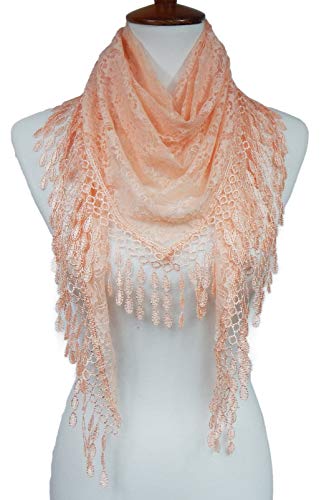 Cindy & Wendy Floral Embroidered Lace Triangle Scarf for Women - color: Peach Pink-8xh