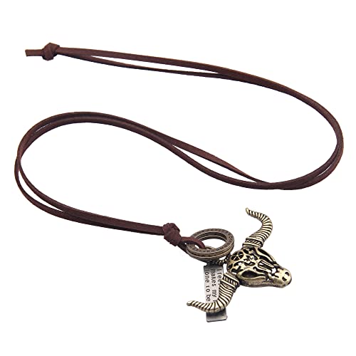 Leather Necklace for Women Long Boho Necklace Bohemian Choker Vintage Necklace Braided Boho Jewelry with Adjustable Brown Leather Cord - color: Cow Skull Necklace