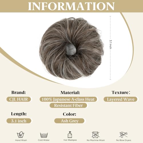 CJL HAIR 2PCs Small Cute Messy Bun Hair Piece for Thin Hair Women Mini Synthetic Curly Bun Scrunchies Updo Hairpieces Ash Grey - color: 2PCS-Ash Grey
