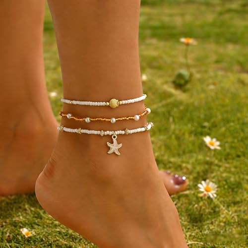 Boho Multilayer Anklet for Women Beach Shell Starfish Pearl Beaded Ankle Bracelets Adjustable Waterproof Summer Foot Chain Jewelry - color: White starfish