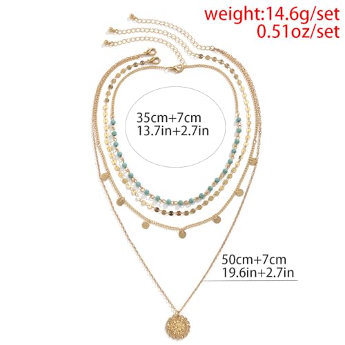Layered Boho Necklace for Women Turquoise Stackable Sequin Coin Pendant Necklace Charm Toggle Clasp Beaded Chain Beach Prom Dresses Accessories - color: Gold-Sun