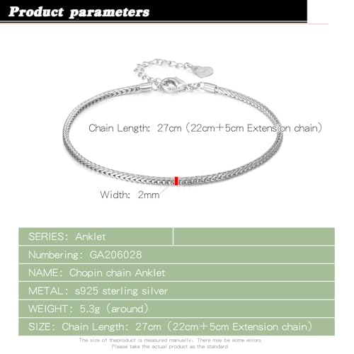 Dankadi Women 925 Sterling Silver Anklets Bracelet Men Simple Chopin/Box Chain/Twist Rope Chain Summer Beach Foot 24k Gold Plated Jewelry Gift - color: Chopin Chain Silver, size: 27cm