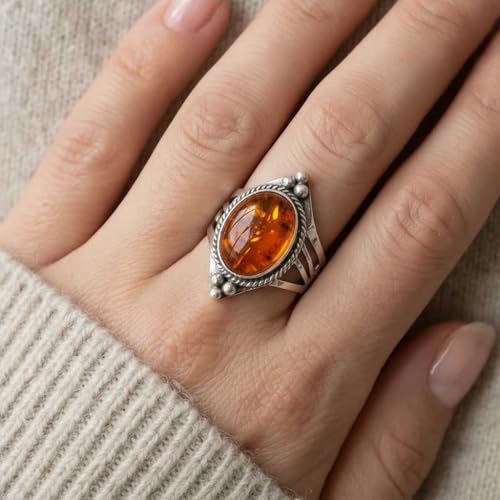 Handmade 925 Sterling Silver Plated Ring Natural Gemstone Carnelian, Rose Quartz, Tiger Eye, Crystal Oval Boho Jewelry For Women - color: Amber