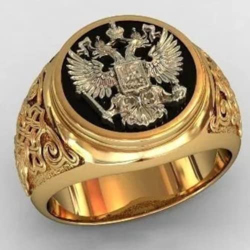 QUSIIOSLK Luxury 14K Gold Plated Russian Emblem Ring for Men Vintage Double Headed Eagle National Emblem Signet Ring Personalized Engraved Jewelry （Size 12） - size: Size 12