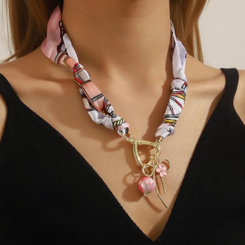 Scarf Long Fabric Colorful Silk Scarves Multi Pendant Necklace For Women Statement Boho Choker Twisted Ribbon Band Pearl Accent Heart Maple Leaf Bee Daisy Dragonfly Star Green Gem Charms - color: Pink Bow