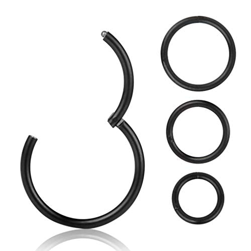 4Pcs 16G 18G 20G Surgical-Steel-Piercing-Ring-Nose-Rings-Hinged-Hoop-Earrings,6mm 8mm 10mm 12mm Seamless Stainless Steel Clicker Eyebrow Septum Piercing Hoop,Sliver Black Gold Rose Gold Rainbow Body Jewelry Set - color: 16G Black