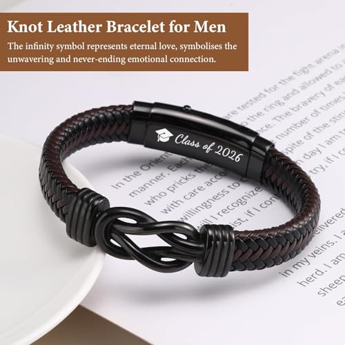 MEALGUET Men's Bracelets Gifts for Men - Brown Braided Leather Infinity Knot Bracelets Engraved Love Massage for Son Man Husband Boyfriend, Mens Bracelet Jewelry Gift for Birthday Valentine's - style: Graduation-Class of 2026