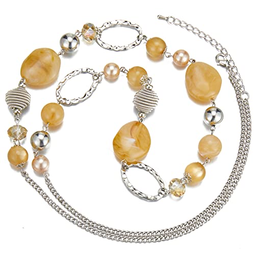 BULINLIN Beaded Long Necklace for Women Silver Sweater Chain Necklace with Crystal Resin Beads, Fashion Jewelry Necklace - color: Beige