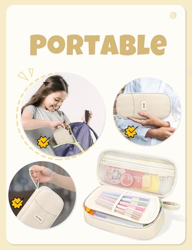 SUNEE Cute Pencil Case, Aesthetic Pen Pouch, Colored Large Pencil Bag with Zipper, Kawaii Stationery Storage and Organizer, School Supplies for Teen and Adult Girls, Beige - color: Beige