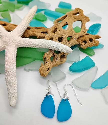 Popular Recycled Sea Glass Earrings on Sterling Silver Hooks - color: Vivid Aqua
