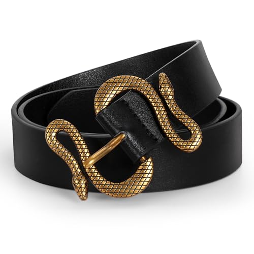 Women Leather Belt with Snake Buckle Fashion Women Belt for Jeans Pants Dresses - color: A-black, size: Fit Size 41"-45"