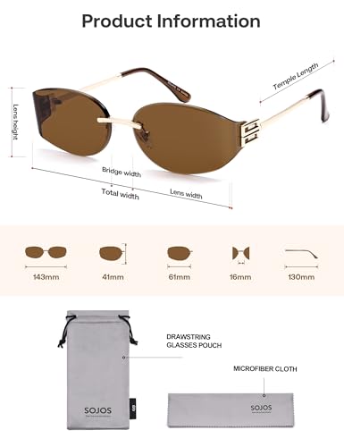 SOJOS Trendy Oval Sunglasses for Women,Fashion Rimless Metal Sun Glasses Y2K Style UV400 Protected SJ1271 - color: Brown