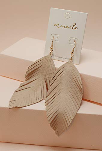Large Genuine Soft Leather Handmade Fringe Feather Lightweight Tear Drop Dangle Color Earrings for Women Girls Fashion - color: Beige