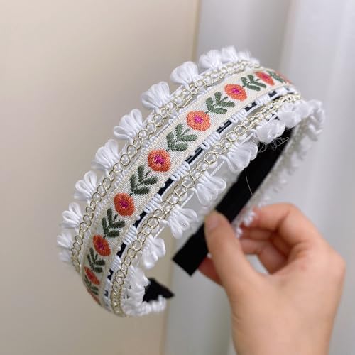 Bohemian Headband for Women-Floral Embroidered Headwrap with Lace Trim Vintage Cute Hair Band for Daily Boho Chic Style (1-White, One Size) - color: 1-White