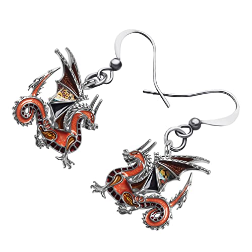 Enamel Alloy Dinosaur Fantasy Dragon Earrings Drop Dangle Unique Animal Jewelry For Women Dragons Gifts - color: Brown
