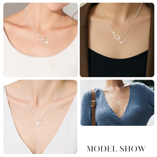 Minimalist Stainless Steel Single or Two Circular Hammered Texture Pendant Necklace for Women, 14K Gold/Silver/Rose Gold Plated Hypoallergenic Stackable Layered Collarbone adjustable Chain Necklace, Dainty Layering Necklace Jewelry Gift - style: Silver Tw