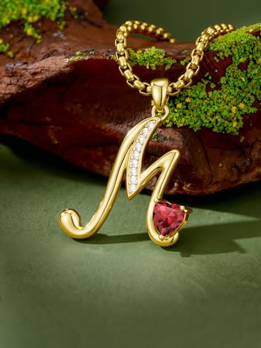 Birthday Gifts for Women 18k Gold Initial Necklaces for Women Simple Alphabets Letters with Birthstone Pendants Name Jewelry Anniversary Wedding Gifts for Sister Daughter Her (with Gift Box) - color: 01-Jan-Garnet, style: Letter M
