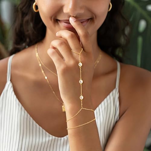 CHESKY 14k Gold Plated Hand Chain Bracelet for Women Trendy, Dainty Ring Bracelets Hand Chain Finger Nail Bracelet Simple Gold Hand Jewelry for Women Gifts - style: CZ