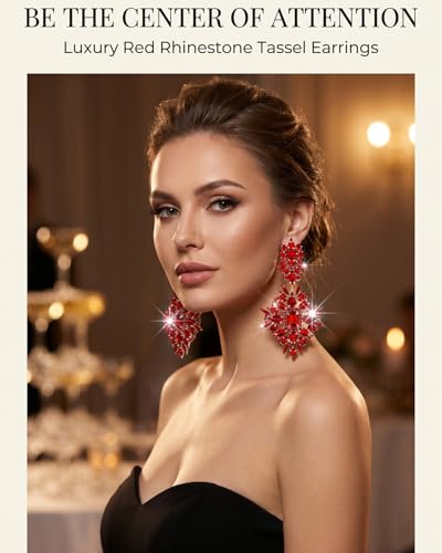 Silver Chandelier Earrings for Women Trendy, Oversized Big Crystal Rhinestone Statement Earrings Dangling Formal Pageant Earings Drag Queen Jewelry - color: Red