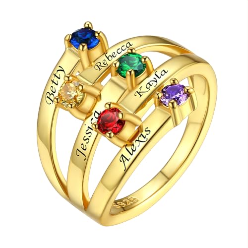 Custom4U Personalized 1-4 Birthstone Rings for Women Promise Rings for Her Sterling Silver Mothers Ring Customized Cubic Zirconia Stones Wedding/Valentine's Day/Mother's Day Jewelry Gift for Mom Wife - color: B-5 Names-Gold