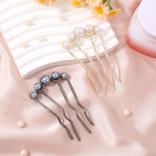 2 Pcs Pearl Hair Pins for Buns, Metal U Shaped Hair Fork Vintage French Twist Hair Side Combs for Women Girls Hair Styling Accessories for Wedding Party Holiday Daily