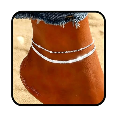 Yalice 925 Silver Ankle Bracelets Chain for Women Dainty 14K Gold Plated Waterproof Beads Anklets Layered Beach Foot Jewelry Gift - color: Silver-Snake Chain