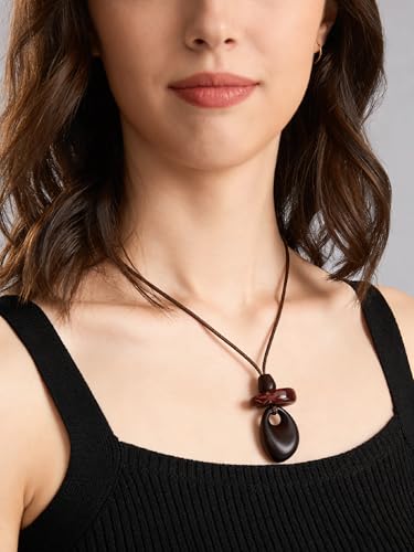 Kelake Leather Necklace for Women Men Teen Vinatge Boho Alloy Pendant Choker Jewelry Fashion Sweater Necklaces with Adjustable Genuine Leather Chain - color: Dark Brown Wood Layered Pendant