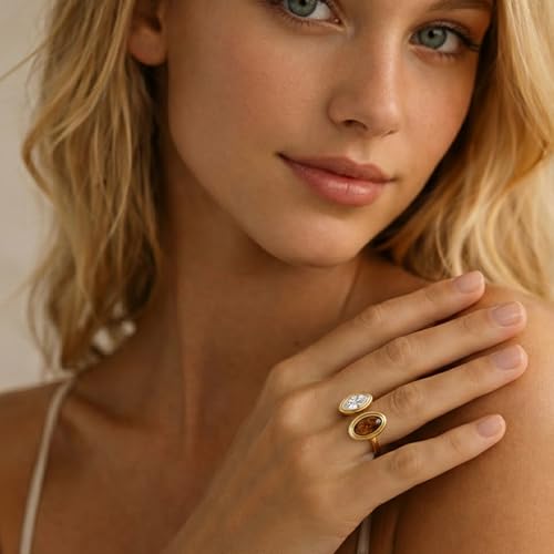 Mchic Adjustable Chunky Rings for Women: Dainty Natural Gemstone Ring Stainless Steel 18K Gold/Silver Plated Band Rings Non Tarnish Waterproof Statement Fashion Jewelry Gift for Women - color: Gold+Tiger Eye Stone+Cubic Zirconia