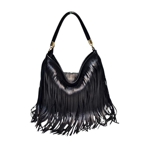 CORIOS Bohemian Fringe Leather Shoulder Bag for Women Dual-Side Tassel Handbag Underarm Purse Soft PU Leather Top Handle Bag - color: Black