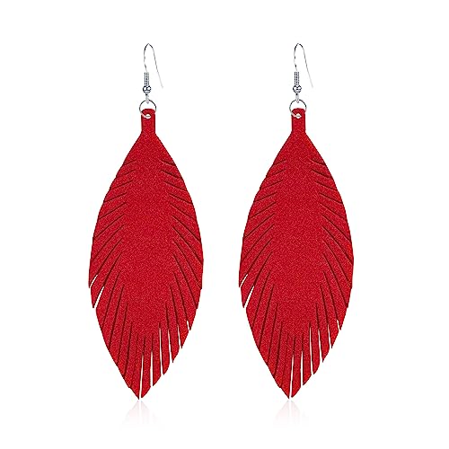 Large Genuine Soft leaf Leather Handmade Fringe Tassel Feather Lightweight Tear Drop Dangle Color Earrings for Women - color: Wine Red