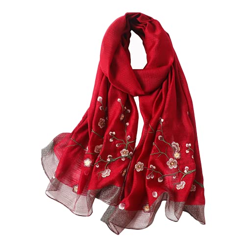 WINCESS YU Women Mulberry Silk Scarf Long & Large Embroidered Floral Pattern Shawl and Wraps Neckerchief for Hair & Neck - color: Red