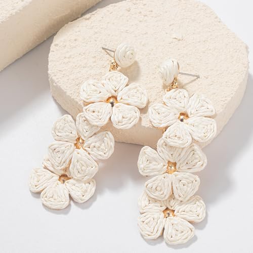 Boho Flower Earrings Statement Raffia Dangle Earrings Cute Floral Jewelry Trendy Summer Beach Vacation Outfits for Women - color: Ivory-2