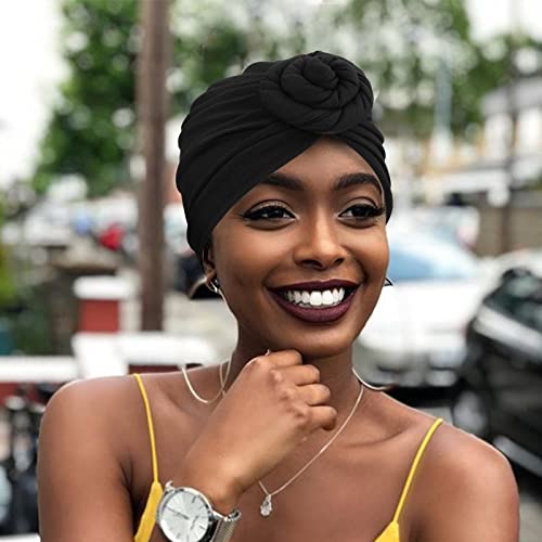 African Women Turban Caps Pre-Tied Twisted Turbans Head Scarf for Women Hair Wraps Cover Beanie Cancer Chemo Headwear - color: 1 Pack Flower: Black
