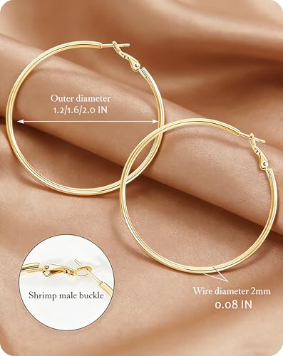 6 Pairs Silver Gold Hoop Earrings for Women - 14K Gold Plated 316 Stainless Steel, Hypoallergenic Lightweight 20/30/40/50/60/70mm Hoops Set - color: Gold & silver