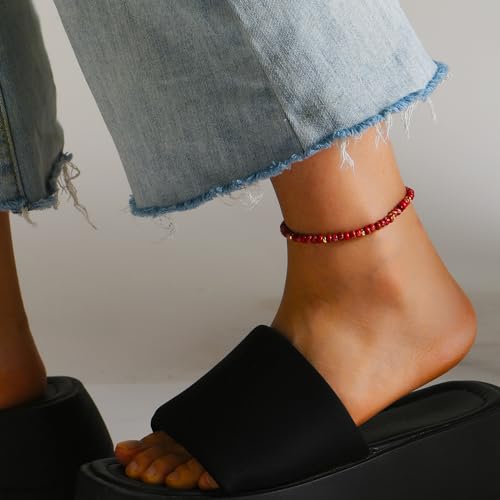 Natural Stone Beaded Anklets Bracelets for Women Handmade Beaded Anklet Bracelet Waterproof Boho Beads Ankle Bracelet Adjustable Summer Jewelry - color: red