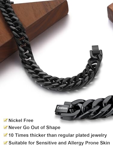 ChainsHouse Stainless Steel Cuban Link Bracelet, 8mm/12mm/17mm Width, 7.5"/8.3"/9", 18K Gold Plated Chain Wrist Bracelets for Men Women, Send Gift Box - color: T: Black-12mm width-custom
