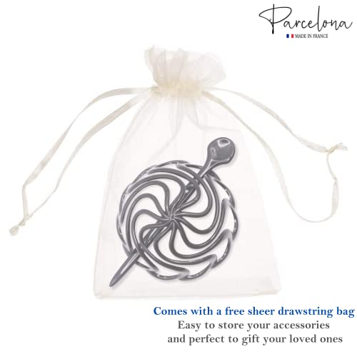 Parcelona French Swirls Large 3.5" Cellulose Acetate Bun Cover with Stick Ponytail Chignon Durable Fashion Women Hair Accessories Non Slip Hair Clip for Girls, Made in France(Black)