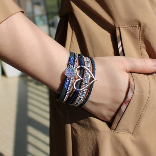 Womens Multi Layer Heart Leather Wrap Bracelet Boho Stackable Cuff Bangle Magnetic Clasp Crystal Birthday Valentine Gift - color: Navy Blue