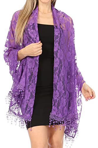 Sakkas Mari Women's Large Lightweight Soft Lace Scarf Wrap Shawl Floral and Fringe - color: Rosepurple
