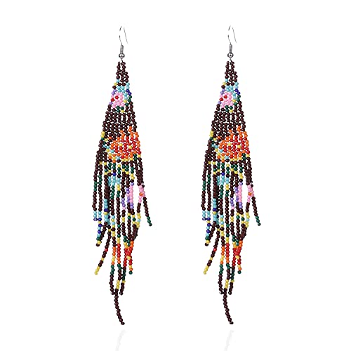 Long Beaded Tassel Earrings - Bohemia Colorful Bead Handmade Beaded Tassel Earrings，Gifts and Christmas - color: Coffee flower
