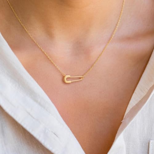 VRIUA Gold Necklace for Women - 14K Gold Plated Dainty Italian Horn Star of David Butterfly Bow Sun Lotus Volleyball Baseball Cowboy Boots Necklace Jewelry Everyday for Women - style: Safety Pin Gold
