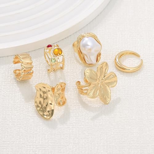 Chunky Gold Rings for Women Non Tarnish Statement Flower Ring Baroque Pearl Stackable Rings Set 6Pcs Chunky Jewelry - color: Gold