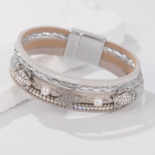 FANCY SHINY Turtle Starfish Leather Wrap Bracelet Boho Rhinestone Pearl Cuff Bracelets for Women Summer Beach Jewelry for Women - color: Silver