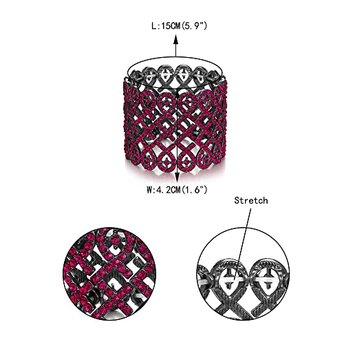EVER FAITH Art Deco Love Knot Wide Stretch Bridal Bracelet Austrian Crystal - color: Hot Pink Black-Tone
