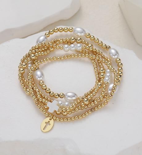 Gold Beaded Bracelets for Women, 14K Real Gold Plated Jewelry for Women Dainty Pearl Bead Bracelets Stack, Non Tarnish Trendy Stackable Ball Cross Stretch Bracelet Set Fashion Accessories Gifts - color: Gold small bead cross