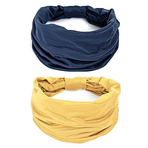 GiLi 2 Pack Wide Headbands for Women Boho African Knotted Non Slip Fashion Hair Bands Yoga Running Sports Workout Gym Head Wraps Elastic Soft Cotton Cloth Turbans Bandana for Girls(Yellow,Navy) - color: 2 Color (Navy+Yellow)