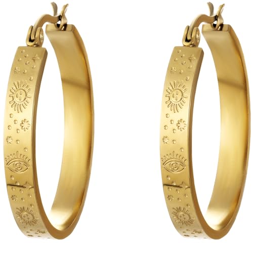 Stainless Steel Hoop Earrings for Women Gold Tone Geometric, Huggie Heart Twisted Minimalist Engraved Designs for Daily Wear - color: Gold-Hoop_30*4*1.4mm