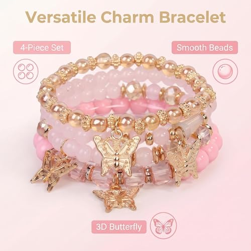 LOTSOF Boho Flower Beaded Bracelet Set for Women - Multilayer Crystal & Flower Charm Stackable Bracelets, Fashion Jewelry Gift for Her - color: Pink Butterfly