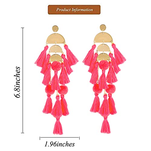 Long Tassel Earrings for Women Colorful Fringe Drop Dangle Earrings Bohemian Hawaiian Summer Beach Jewelry for Womens Vacation Outfits - color: Dark Pink
