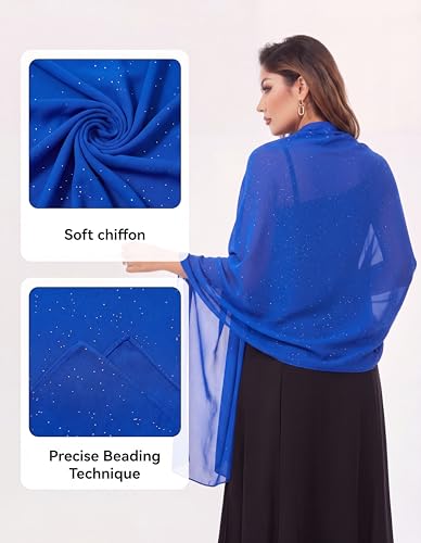 Shawls and Wraps for Evening Dresses Sheer Chiffon Women Elegant Soft Silky Sparkly Wedding Bridal Scarf - color: Royal Blue B